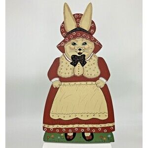 Vtg 80s Hand Painted Wooden Rabbit Bunny Figure Kitschy Folk Art Cottage Prim